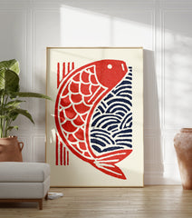 Japanese Koi Fish Poster featuring a red stylized fish with scales and blue waves in a traditional woodblock print style. - Image 3