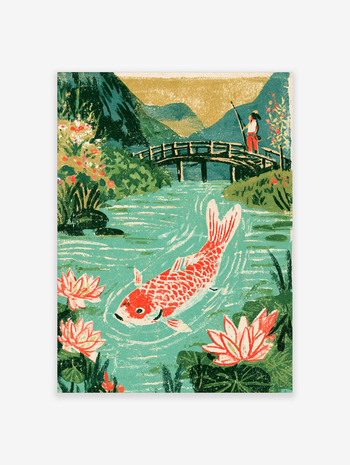 Japanese koi fish art print with red and white carp, lotus flowers, wooden bridge and green mountains