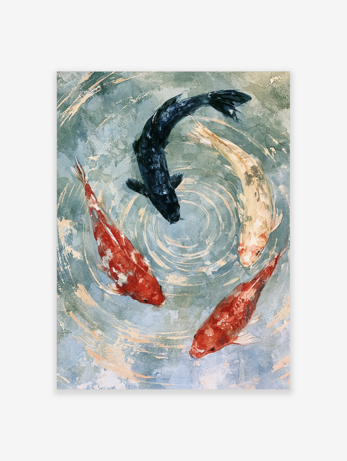 Japanese koi fish watercolour poster with four carp circling in a blue pond with ripples