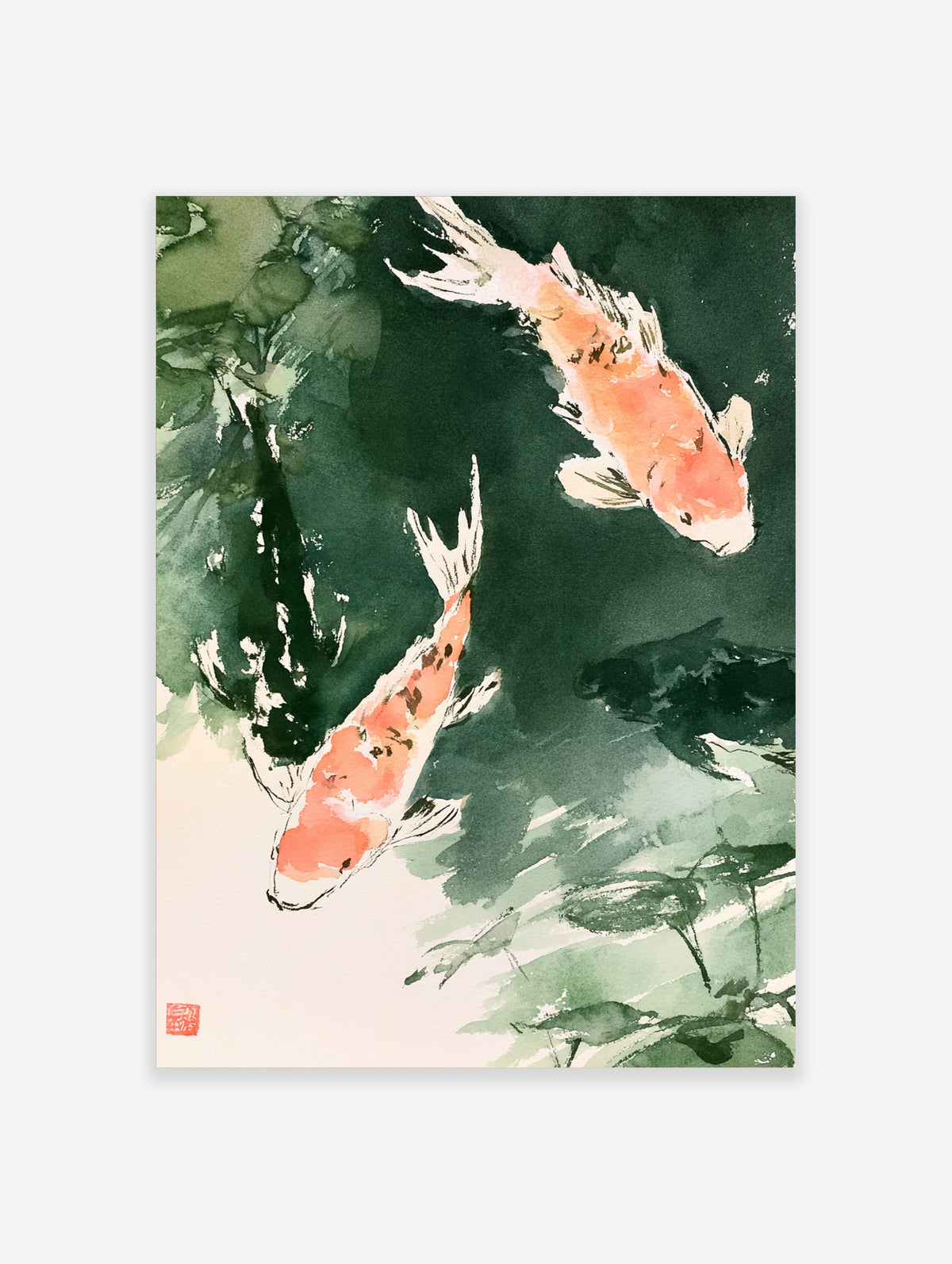 Japanese koi fish watercolour poster with two orange and white carp swimming in a dark green pond