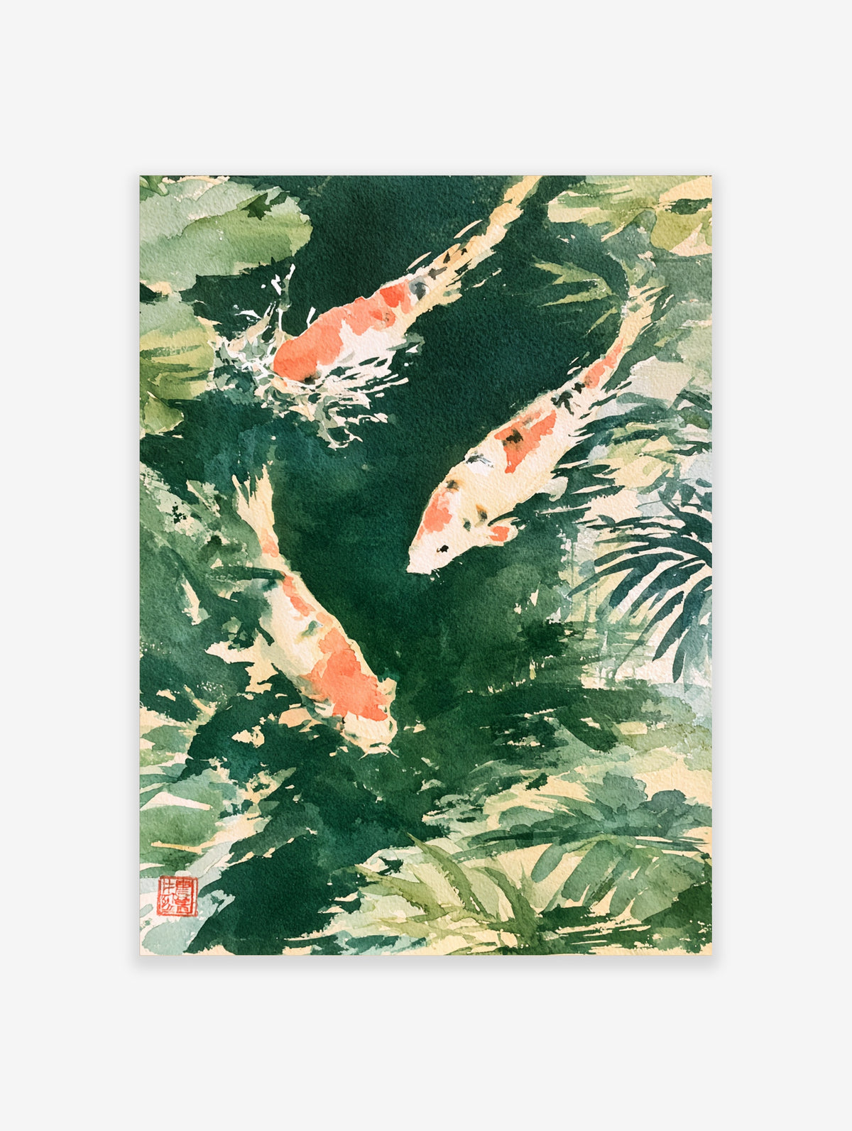 Watercolour koi fish art print with three orange and white carp swimming in a green pond
