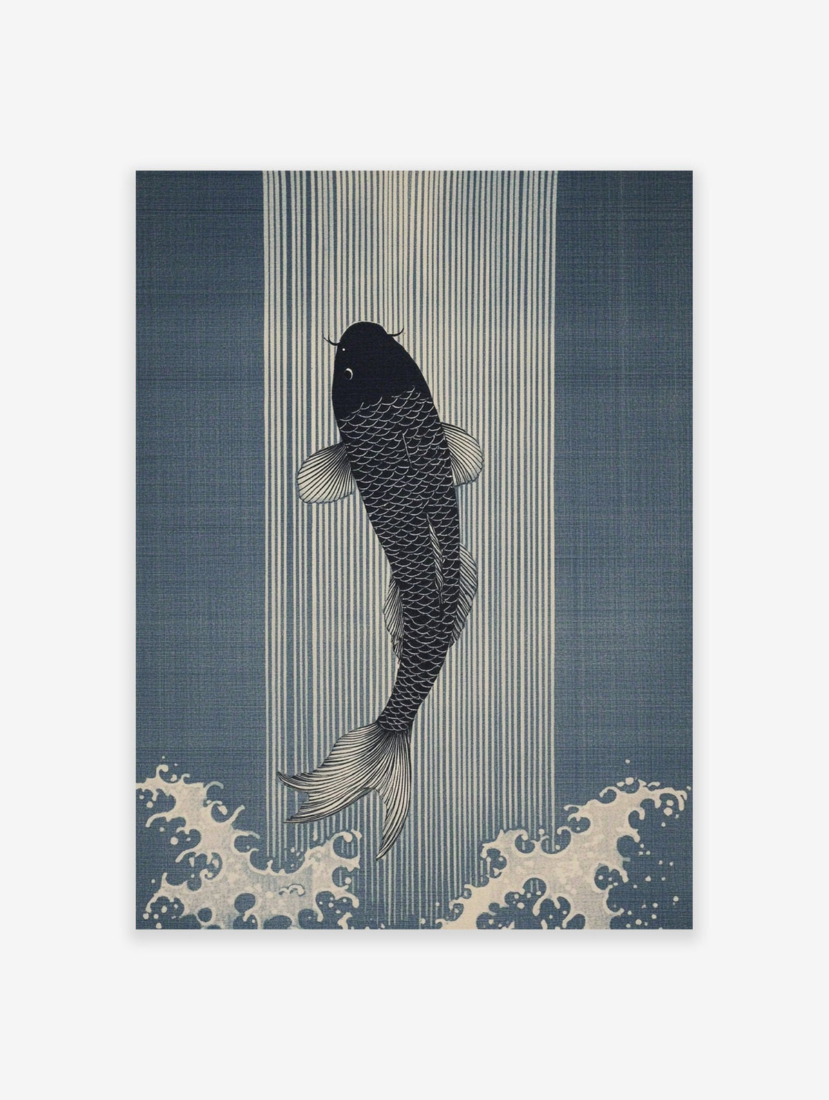 Black Japanese Koi fish swimming upwards against blue vertical stripes and white ocean waves, Ukiyo-e style wall art print.