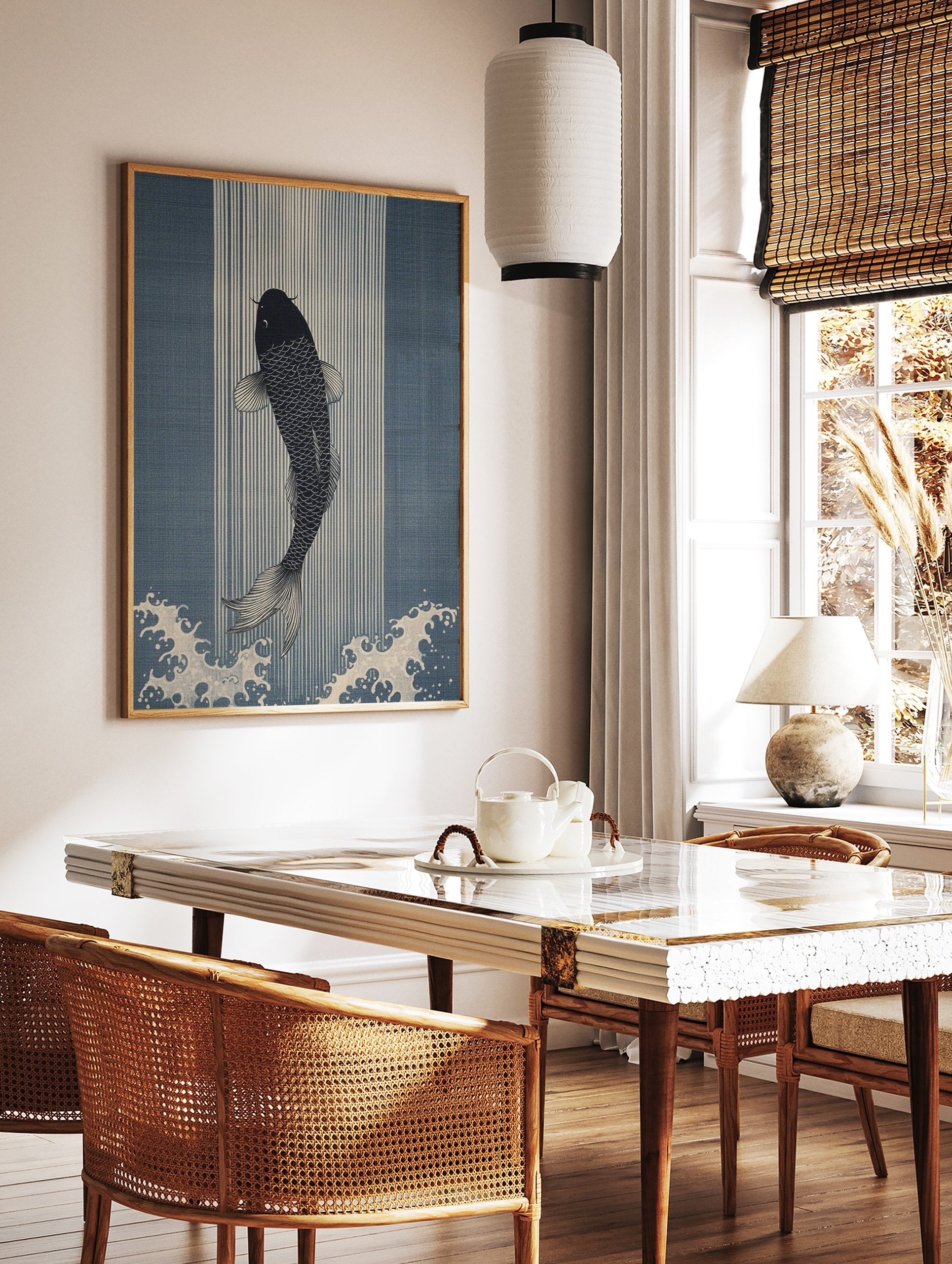 Black Japanese Koi fish swimming upwards against blue vertical stripes and white ocean waves, Ukiyo-e style wall art print. - Image 2