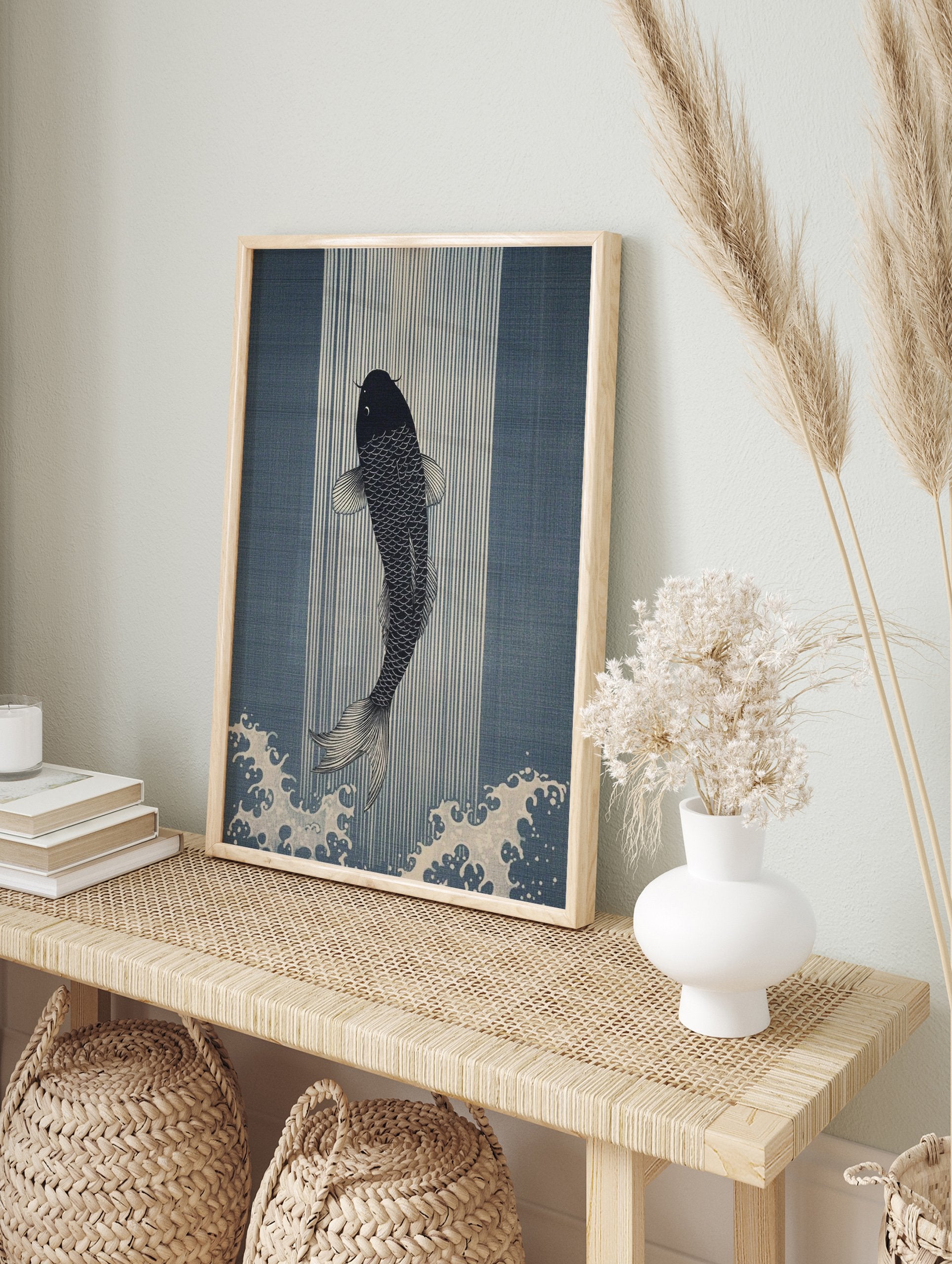Black Japanese Koi fish swimming upwards against blue vertical stripes and white ocean waves, Ukiyo-e style wall art print. - Image 3