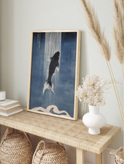 Japanese Koi Fish Wall Art print featuring a black koi swimming upwards through white rain on a deep blue background with a white wave. - Image 3