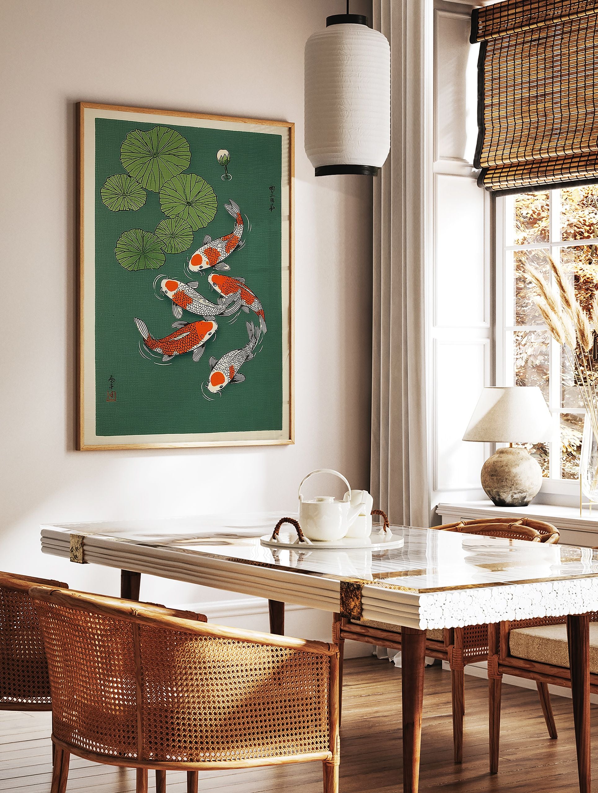 Japanese Koi Fish Wall Art print showing five orange and white koi swimming among green lily pads in dark green water with a lily bud. - Image 3