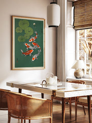 Japanese Koi Fish Wall Art print showing five orange and white koi swimming among green lily pads in dark green water with a lily bud. - Image 3