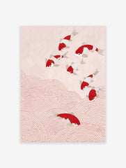 Illustration of red and white Japanese koi fish swimming upwards on a pink background with red ocean wave patterns