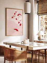 Illustration of red and white Japanese koi fish swimming upwards on a pink background with red ocean wave patterns - Image 2