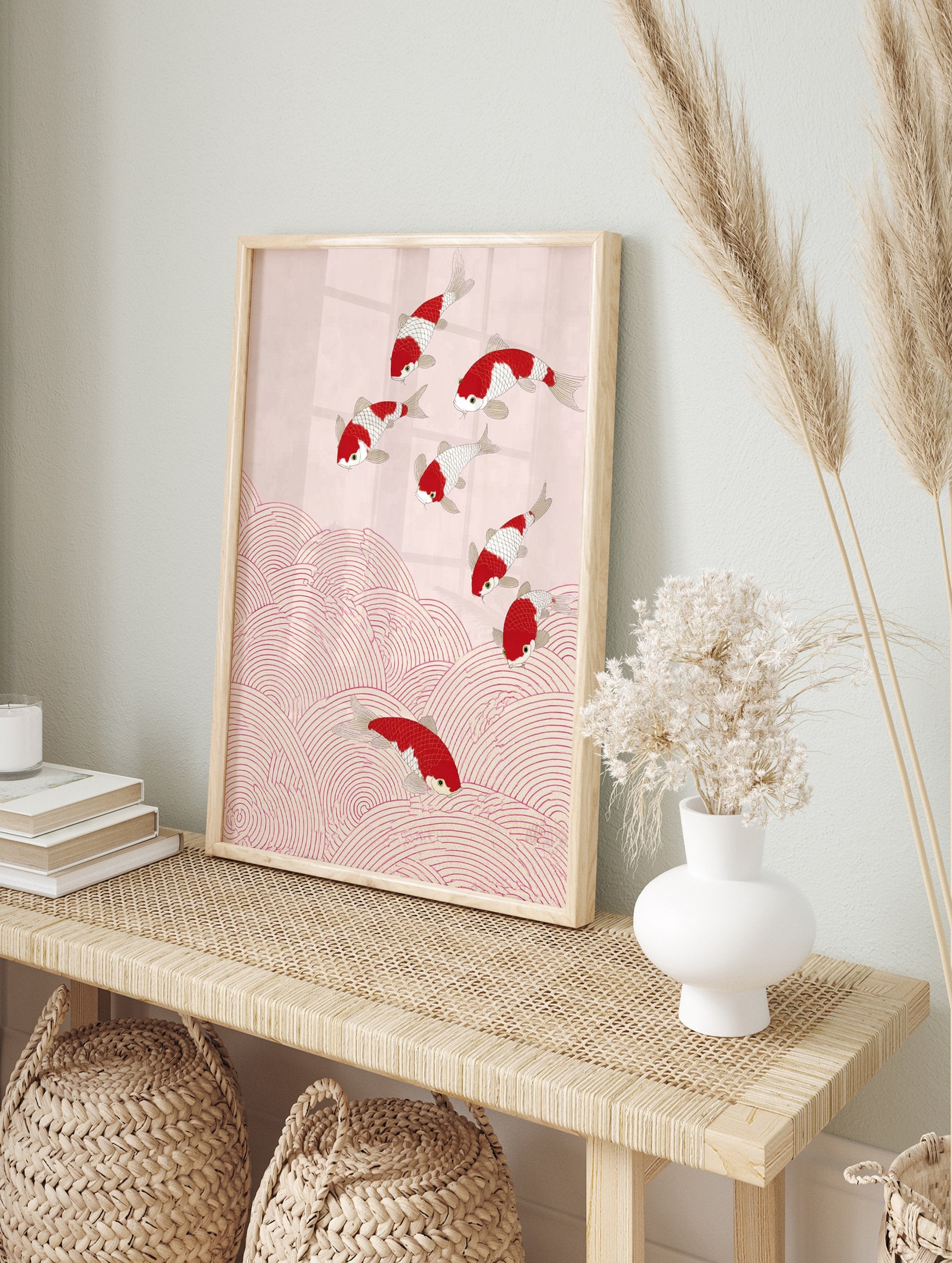 Illustration of red and white Japanese koi fish swimming upwards on a pink background with red ocean wave patterns - Image 3
