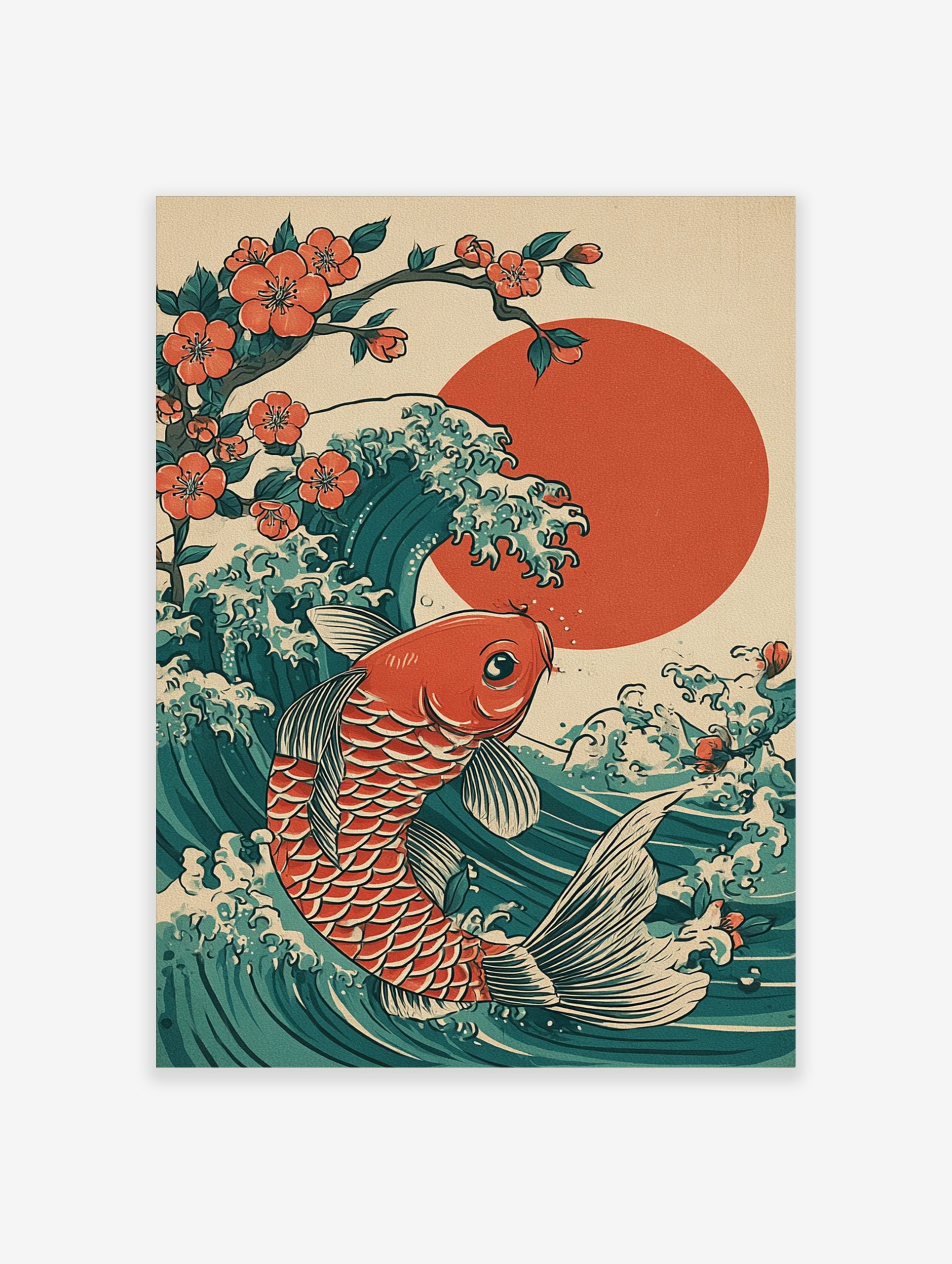 Japanese ukiyo-e style art print of an orange koi fish swimming through a teal wave with a red sun and cherry blossoms