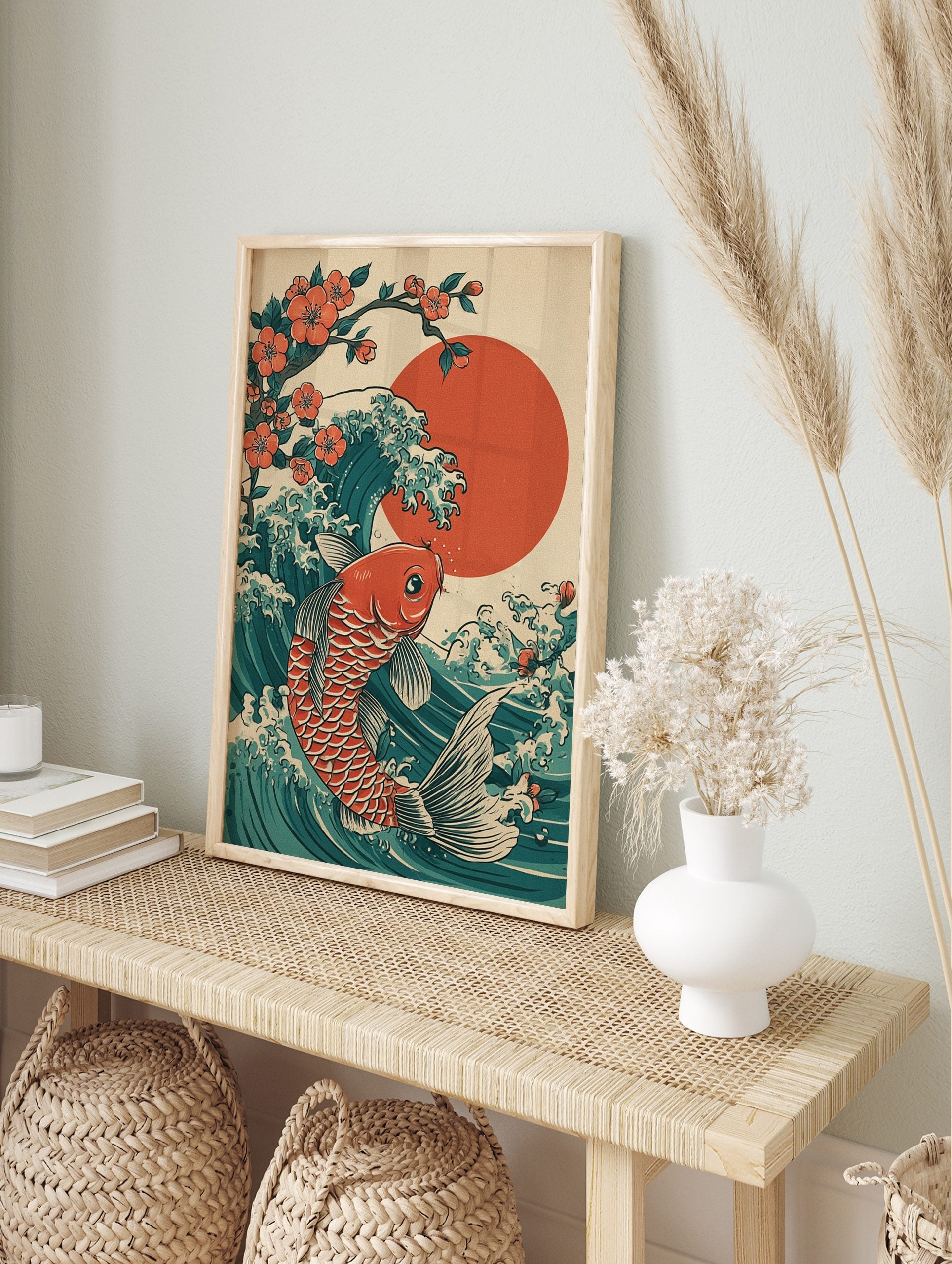 Japanese ukiyo-e style art print of an orange koi fish swimming through a teal wave with a, in an alternate framed mockup