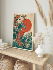 Japanese ukiyo-e style art print of an orange koi fish swimming through a teal wave with a, in an alternate framed mockup