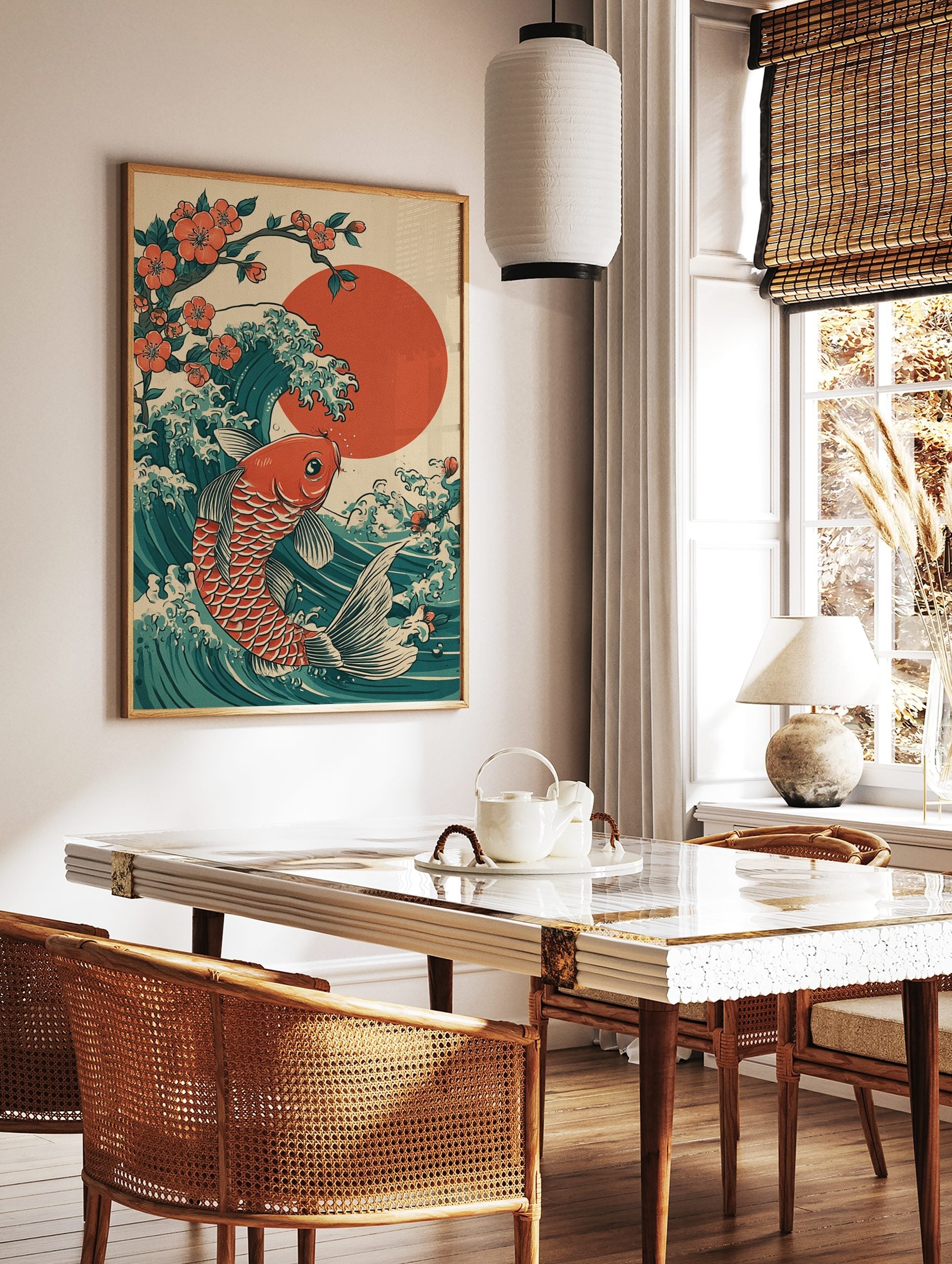 Japanese ukiyo-e style art print of an orange koi fish swimming through a teal wave with a red sun, in a styled room mockup