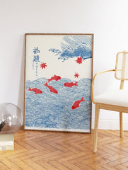 Japanese koi fish wall art print with red fish, blue waves, and red maple leaves on a cream background. - Image 2