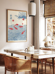 Japanese koi fish wall art print with red fish, blue waves, and red maple leaves on a cream background. - Image 3