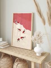 Traditional Japanese Koi Fish Wall Art print featuring five red, white, and black koi swimming in stylized cream and red waves. - Image 3