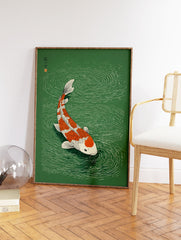 Japanese Koi Fish Wall Art print featuring an orange and white koi swimming in green water with ripples and Japanese text. - Image 2