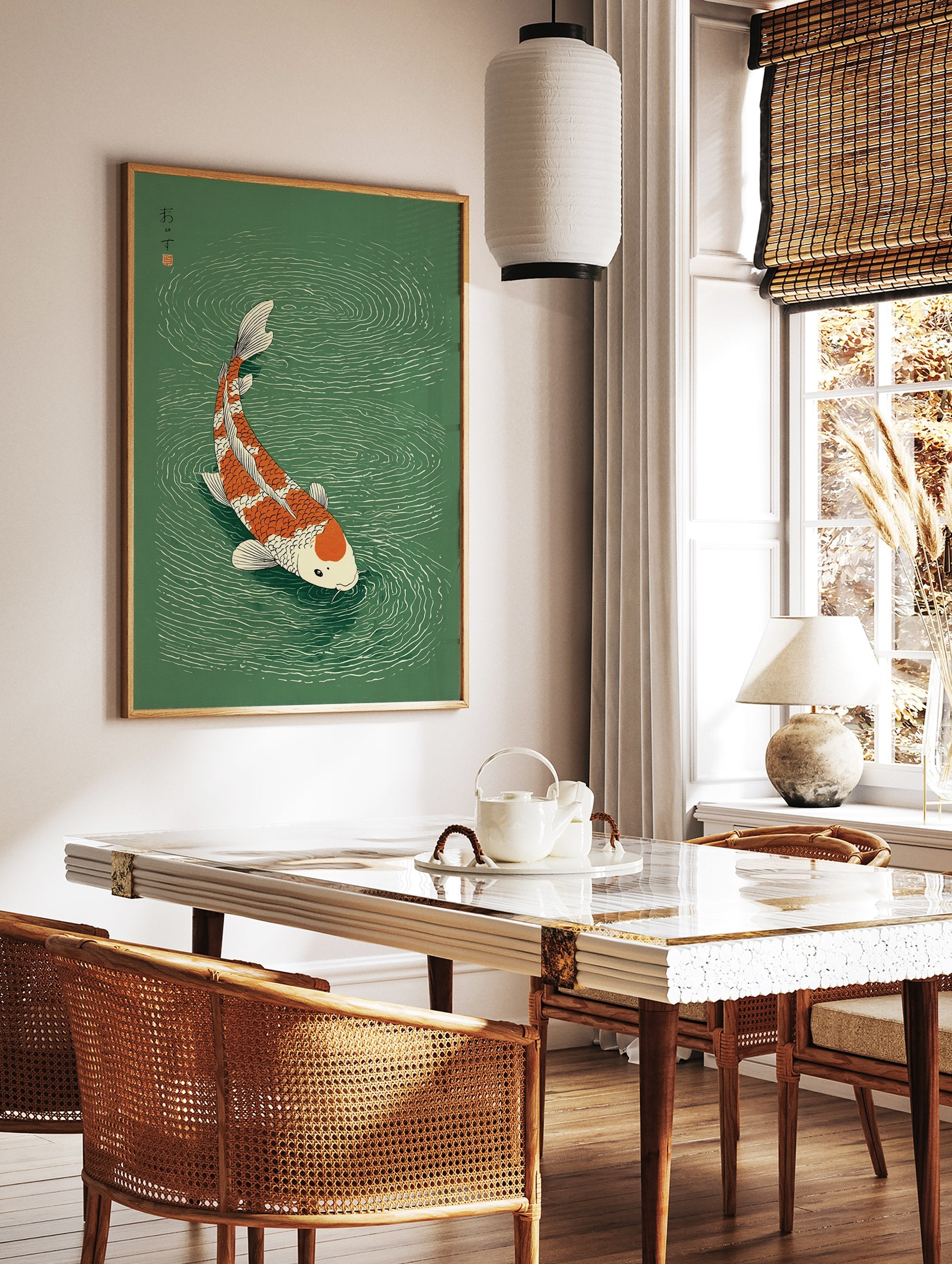 Japanese Koi Fish Wall Art print featuring an orange and white koi swimming in green water with ripples and Japanese text. - Image 3