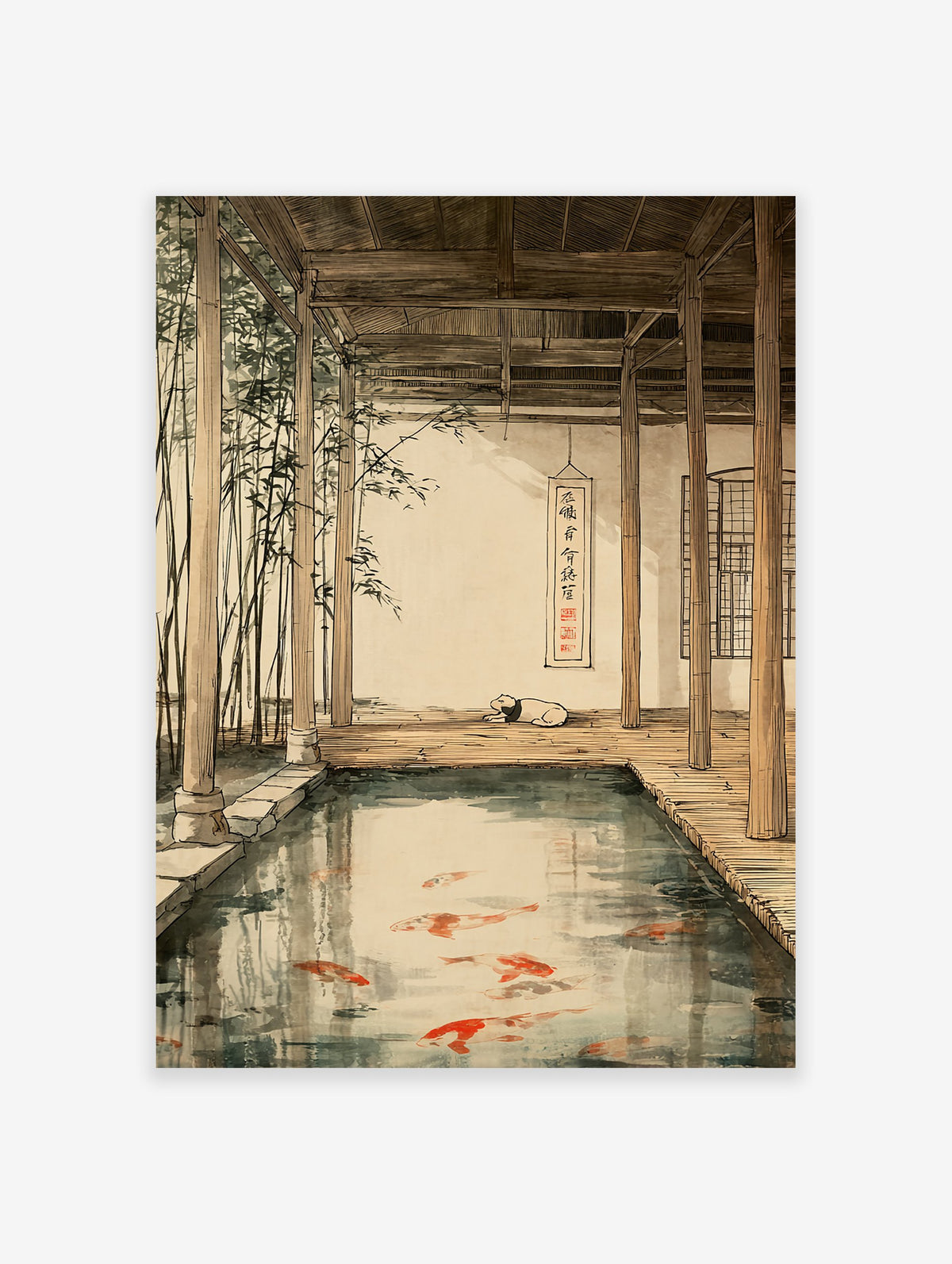 A poster illustrating a serene Japanese koi pond with red and white koi fish, a sleeping dog, bamboo, and traditional wooden architecture.