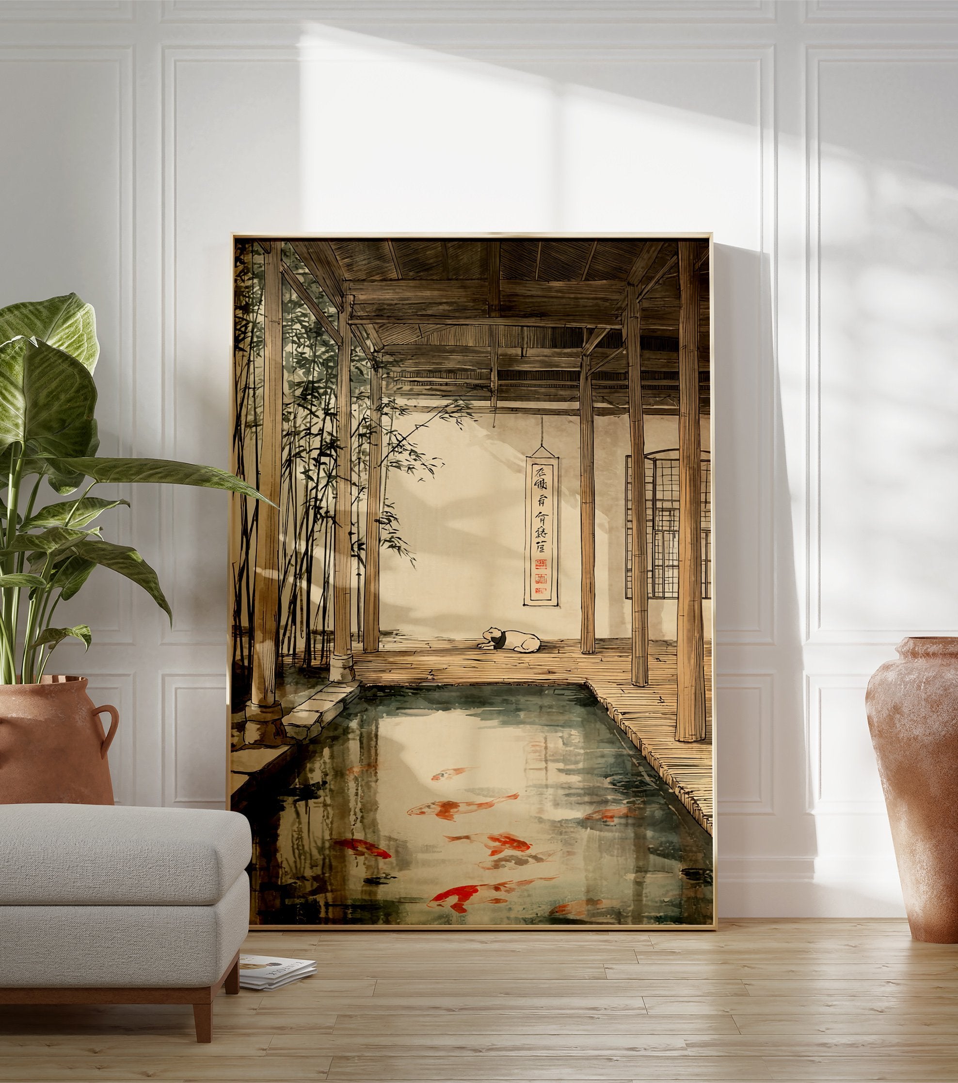A poster illustrating a serene Japanese koi pond with red and white koi fish, a sleeping dog, bamboo, and traditional wooden architecture. - Image 3