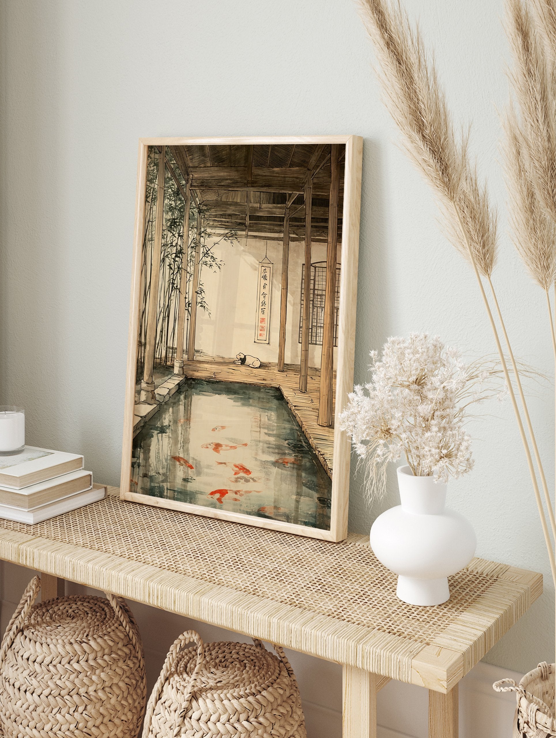 A poster illustrating a serene Japanese koi pond with red and white koi fish, a sleeping dog, bamboo, and traditional wooden architecture. - Image 4