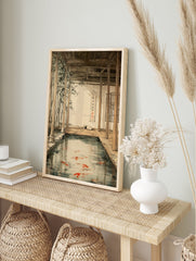 A poster illustrating a serene Japanese koi pond with red and white koi fish, a sleeping dog, bamboo, and traditional wooden architecture. - Image 4