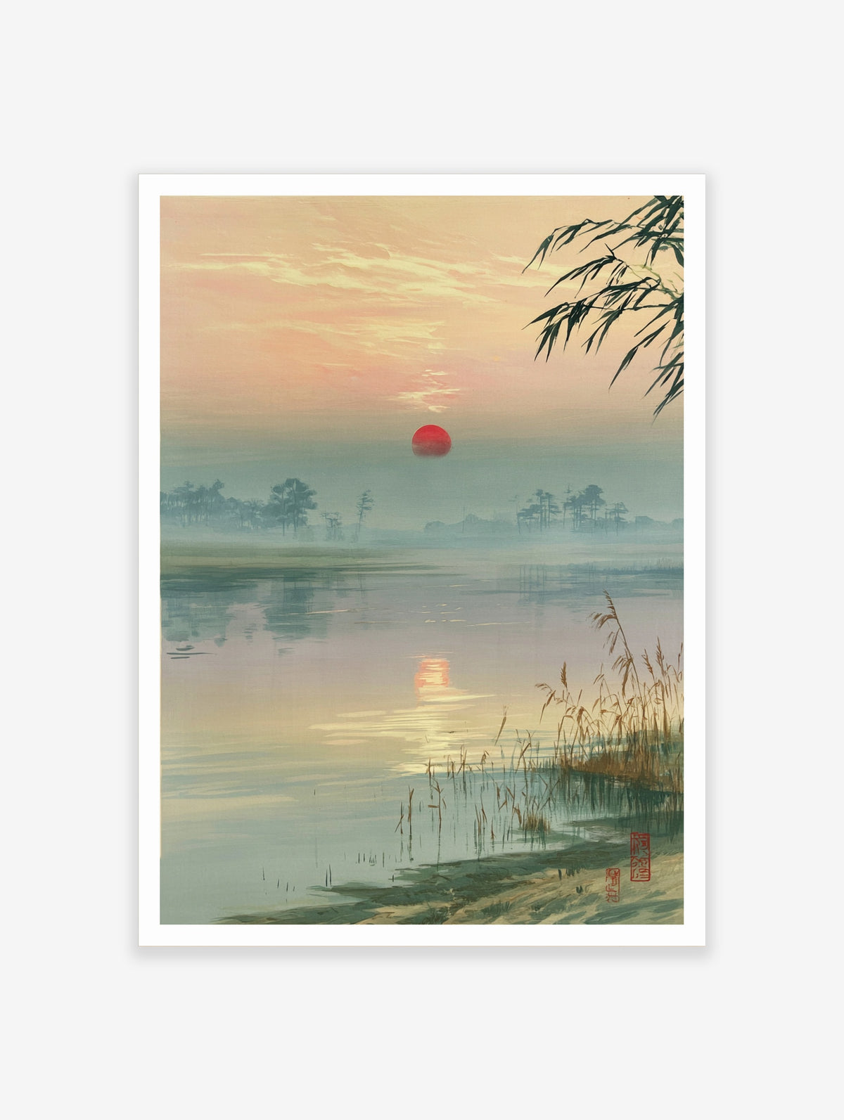 Japanese lake sunset poster with red sun, misty pine trees, water reflections and bamboo leaves
