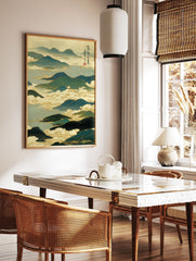 Traditional Japanese Landscape Art print featuring teal mountains, golden clouds, and Japanese calligraphy. - Image 2