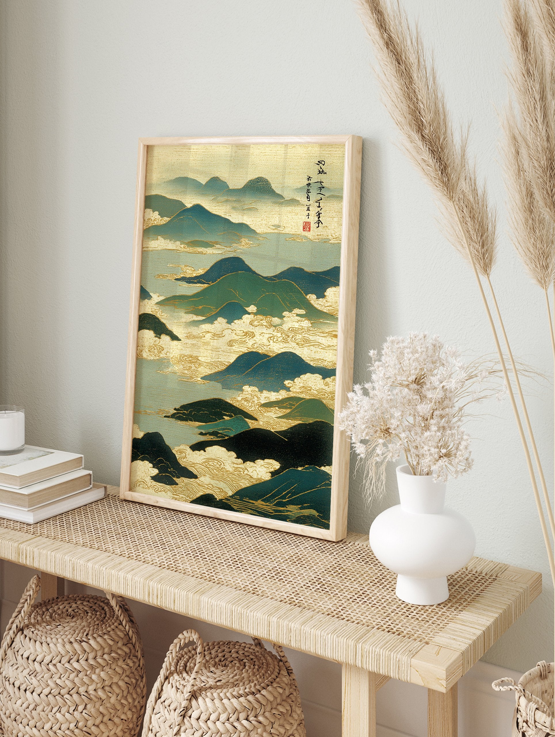 Traditional Japanese Landscape Art print featuring teal mountains, golden clouds, and Japanese calligraphy. - Image 3