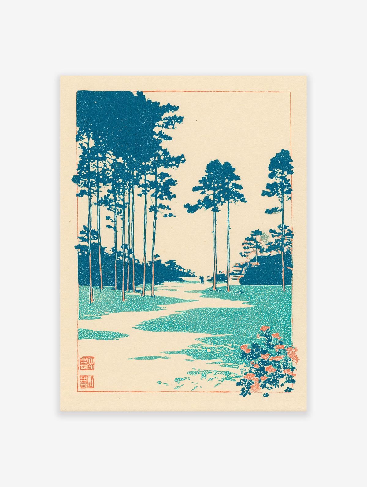 Japanese landscape woodblock print with teal pine trees, a winding path, and orange flowers on a cream background