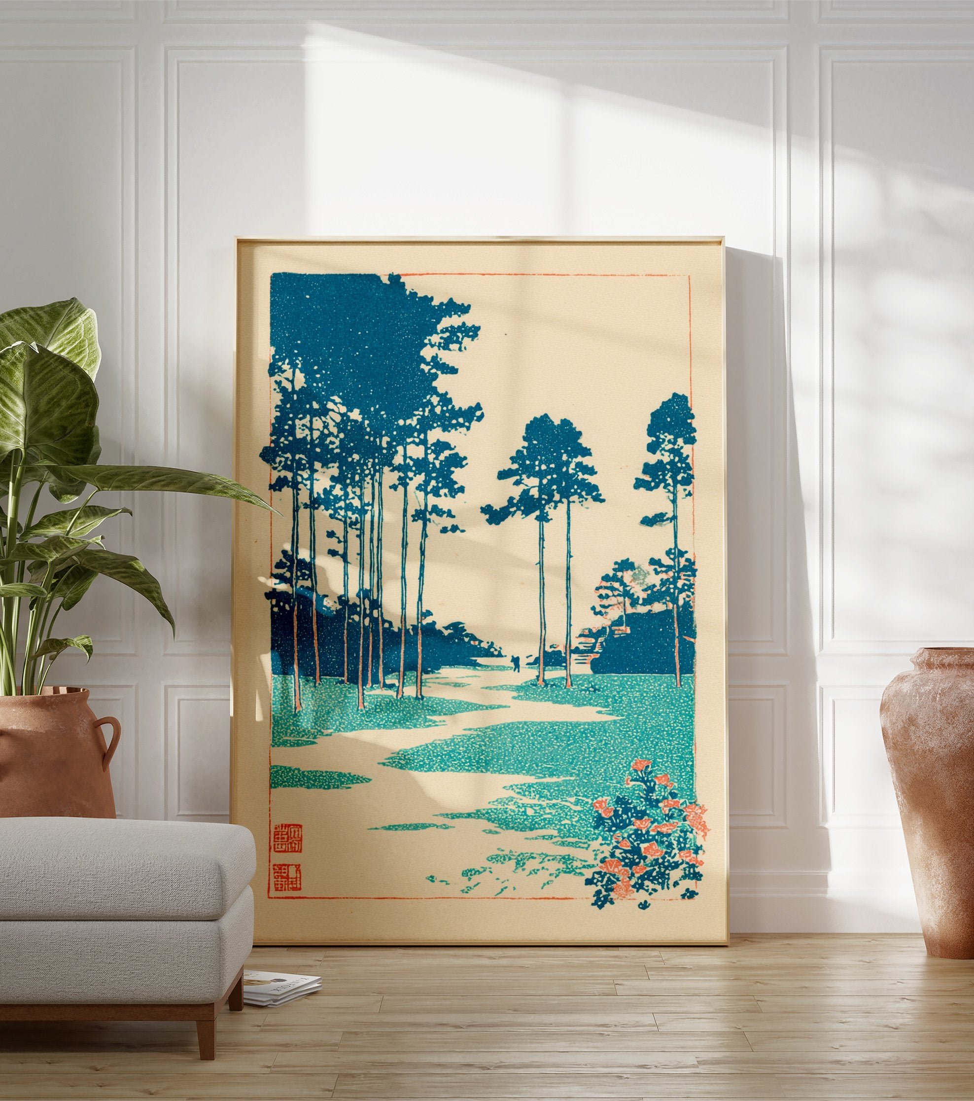 Japanese landscape woodblock print with teal pine trees, a winding path, and orange flowers on a cream background - Image 3