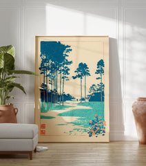 Japanese landscape woodblock print with teal pine trees, a winding path, and orange flowers on a cream background - Image 3