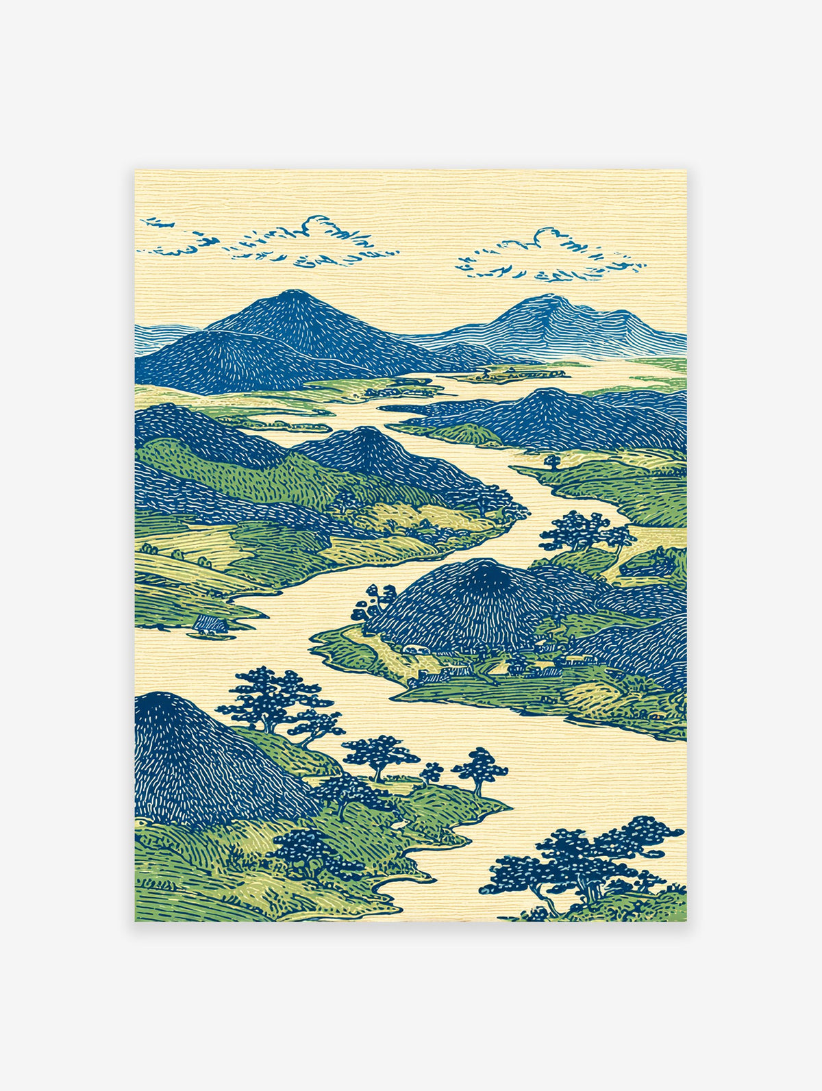 Japanese landscape art print with blue mountains, green hills, a winding river, and trees in woodblock style.