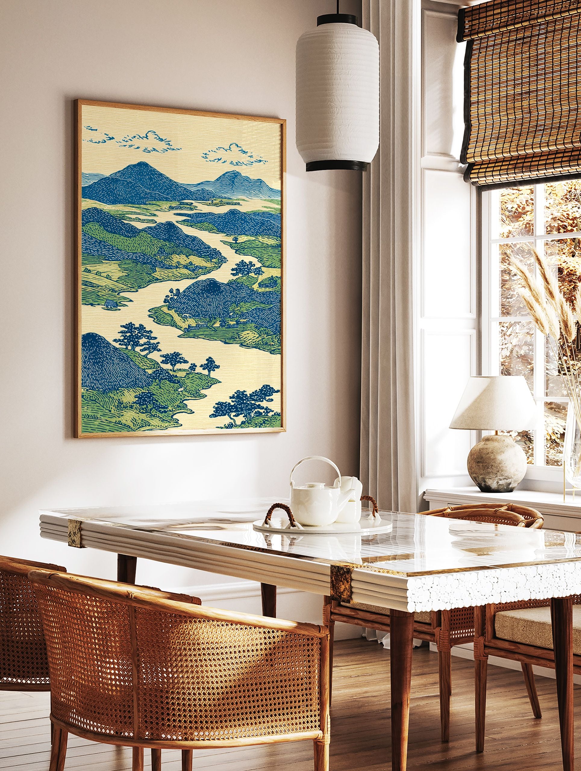 Japanese landscape art print with blue mountains, green hills, a winding river, and trees in woodblock style. - Image 2