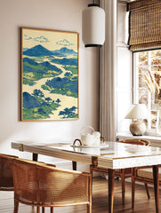 Japanese landscape art print with blue mountains, green hills, a winding river, and trees in woodblock style. - Image 2