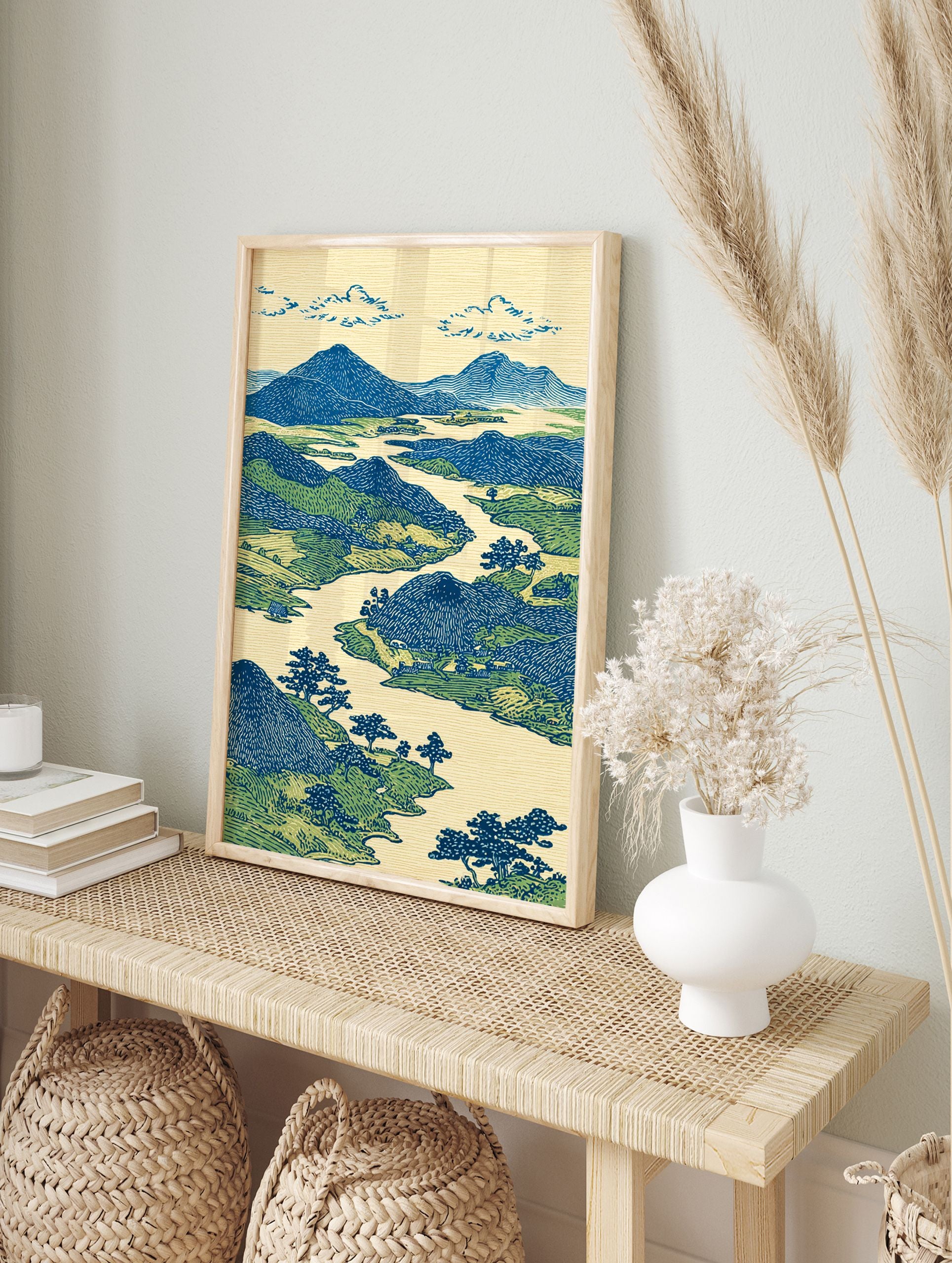 Japanese landscape art print with blue mountains, green hills, a winding river, and trees in woodblock style. - Image 3