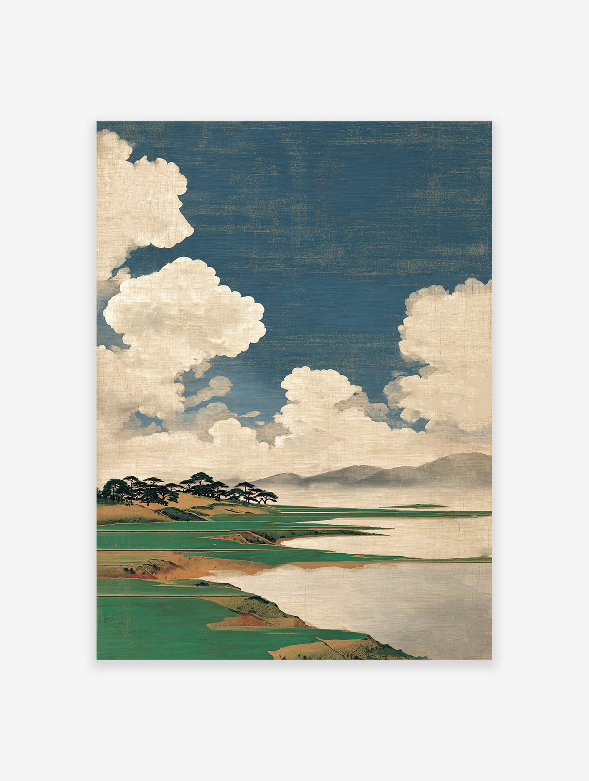 Japanese landscape art print featuring a serene lake, green hills with trees, distant mountains, and a blue sky with white clouds.