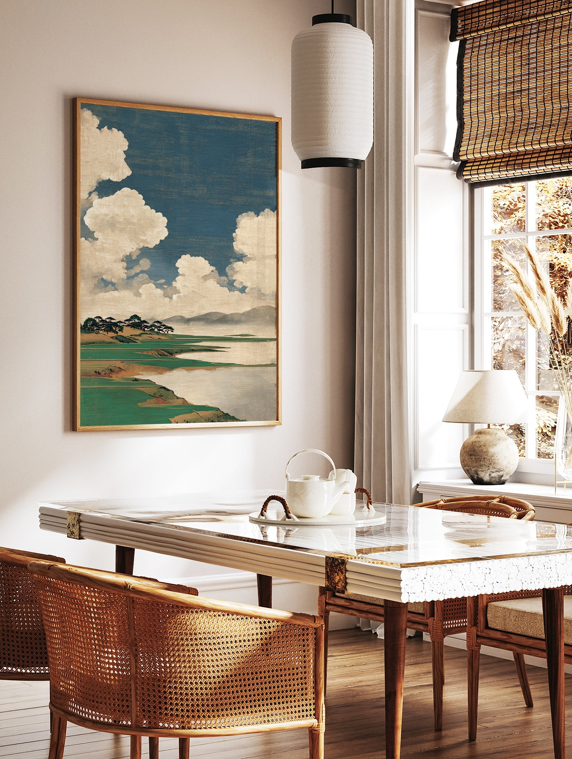 Japanese landscape art print featuring a serene lake, green hills with trees, distant mountains, and a blue sky with white clouds. - Image 2