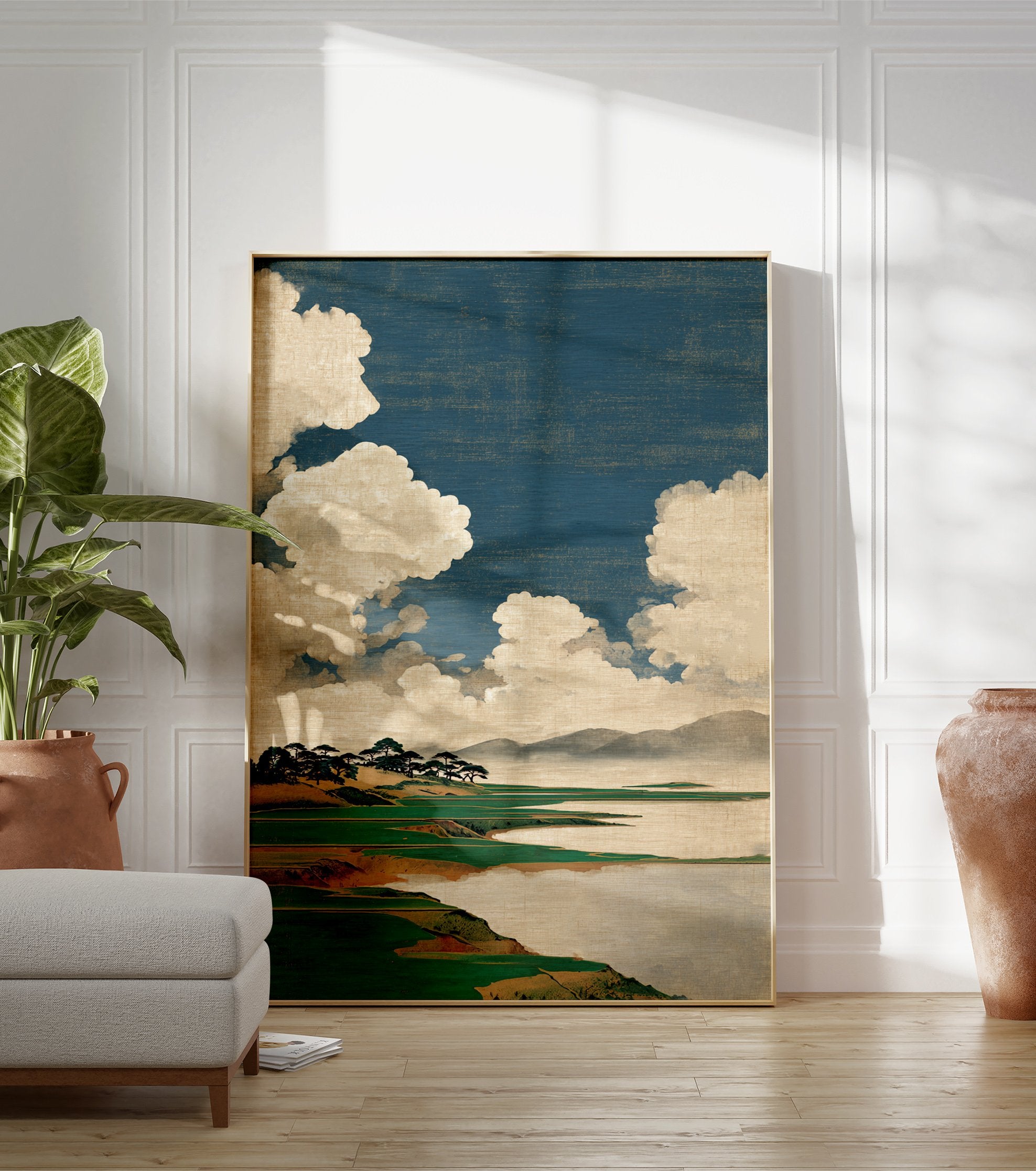 Japanese landscape art print featuring a serene lake, green hills with trees, distant mountains, and a blue sky with white clouds. - Image 3