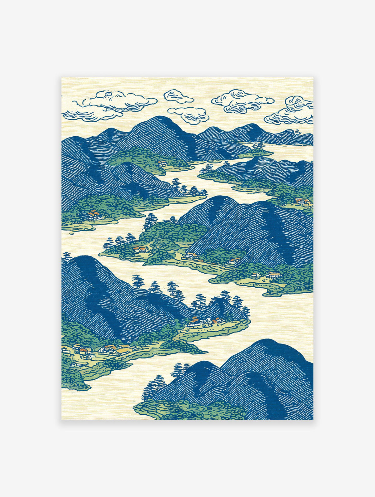 Japanese landscape art print showing blue mountains, green trees, rivers, and villages in traditional woodblock style.