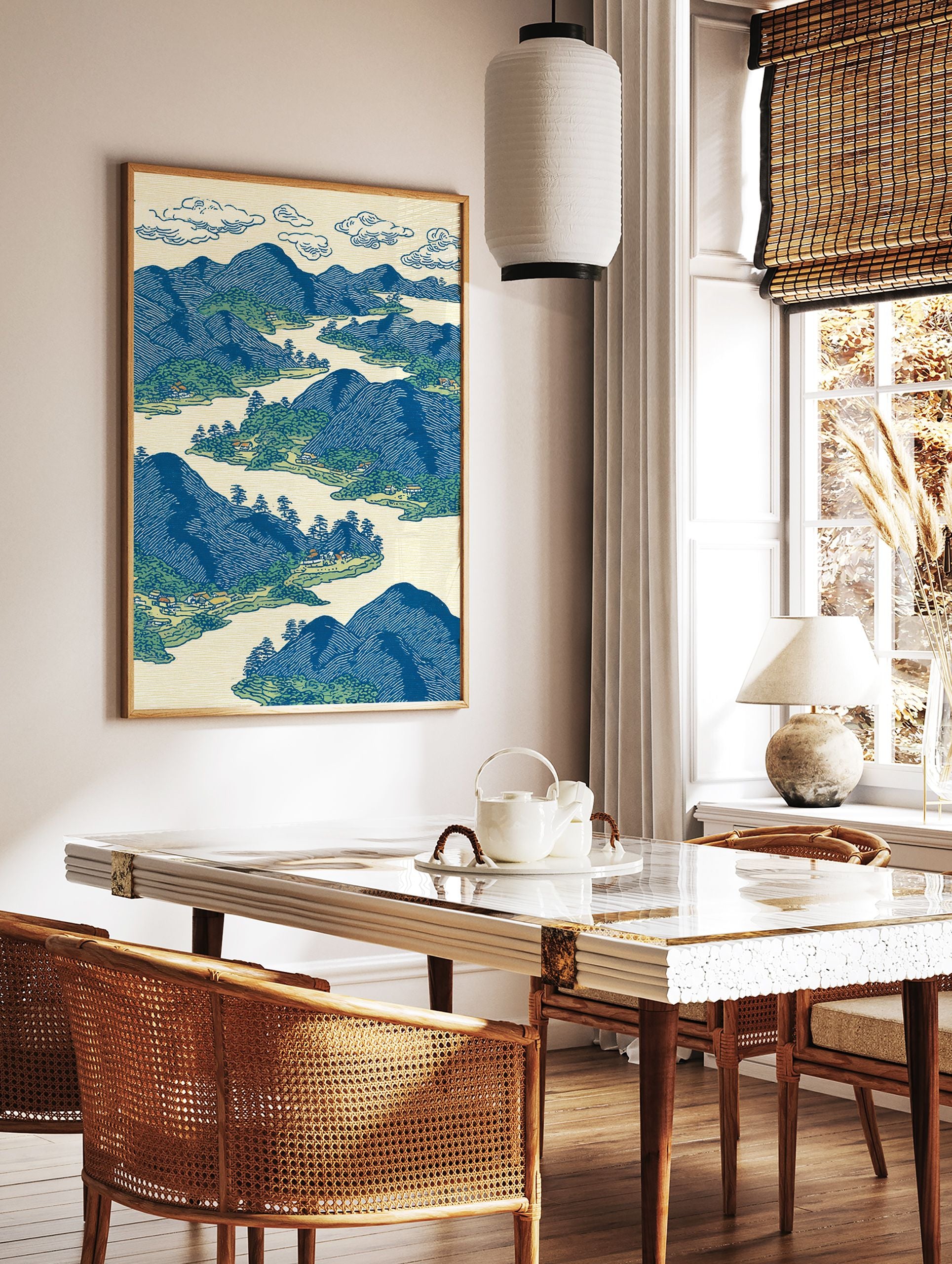 Japanese landscape art print showing blue mountains, green trees, rivers, and villages in traditional woodblock style. - Image 2
