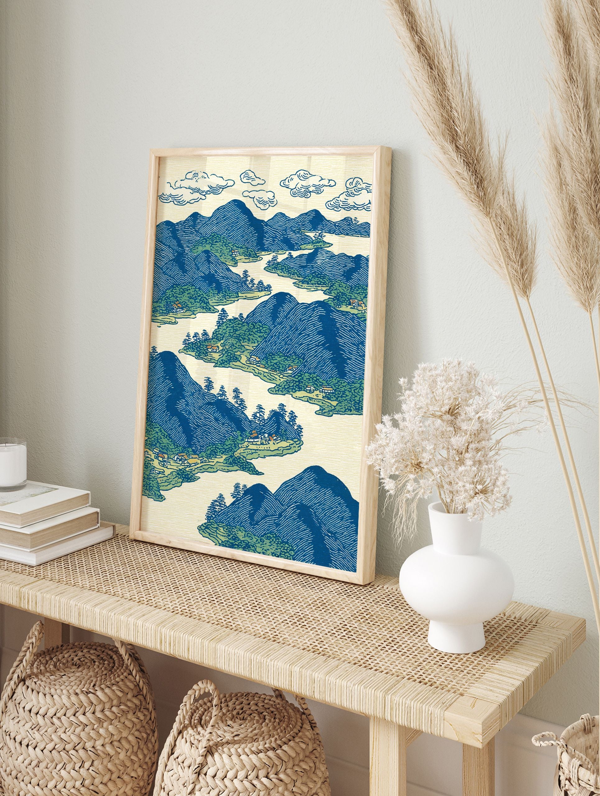 Japanese landscape art print showing blue mountains, green trees, rivers, and villages in traditional woodblock style. - Image 3
