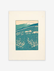 Japanese woodblock print featuring a teal and peach mountain landscape with houses and blossoming trees.