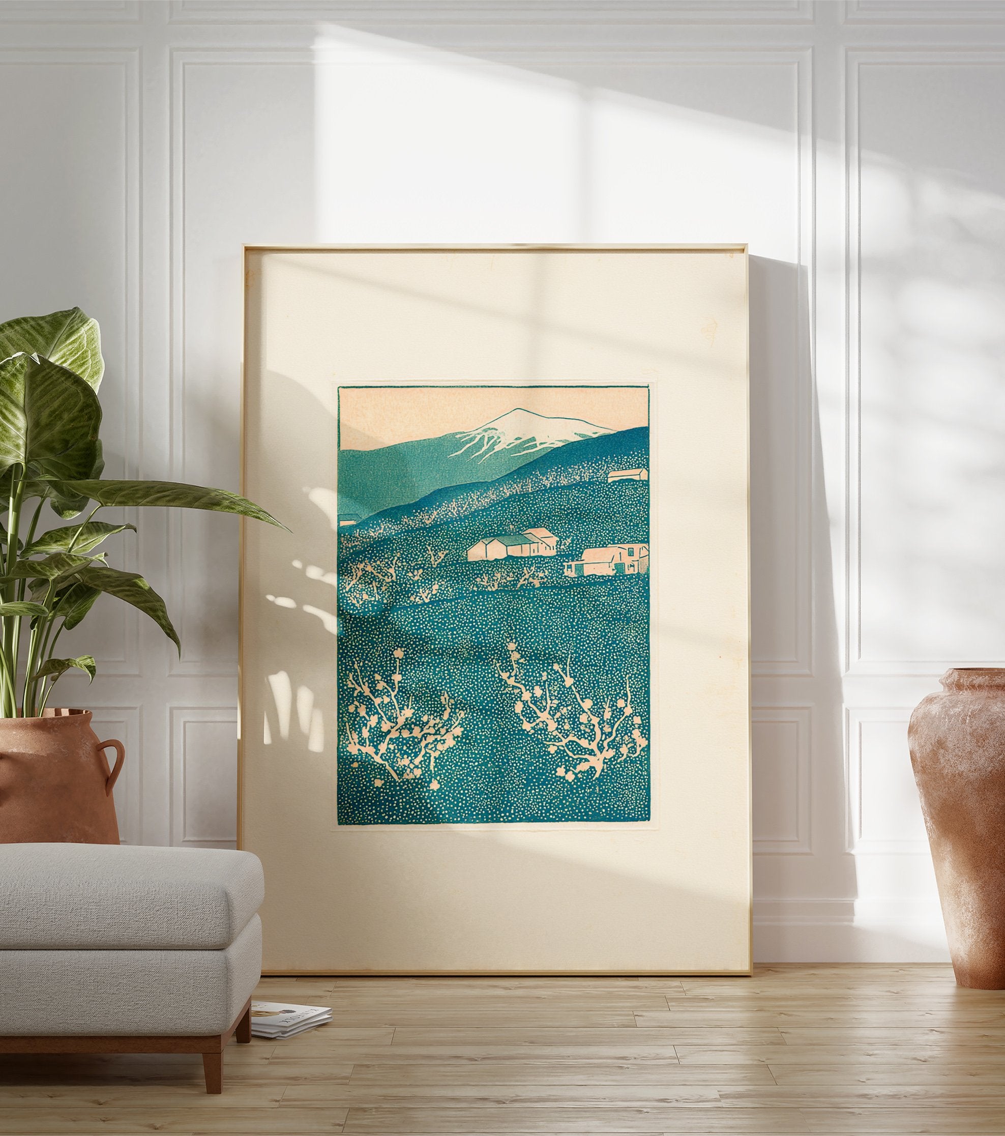 Japanese woodblock print featuring a teal and peach mountain landscape with houses and blossoming trees. - Image 3