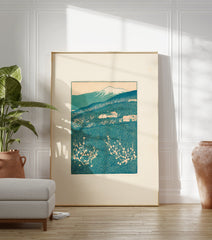 Japanese woodblock print featuring a teal and peach mountain landscape with houses and blossoming trees. - Image 3