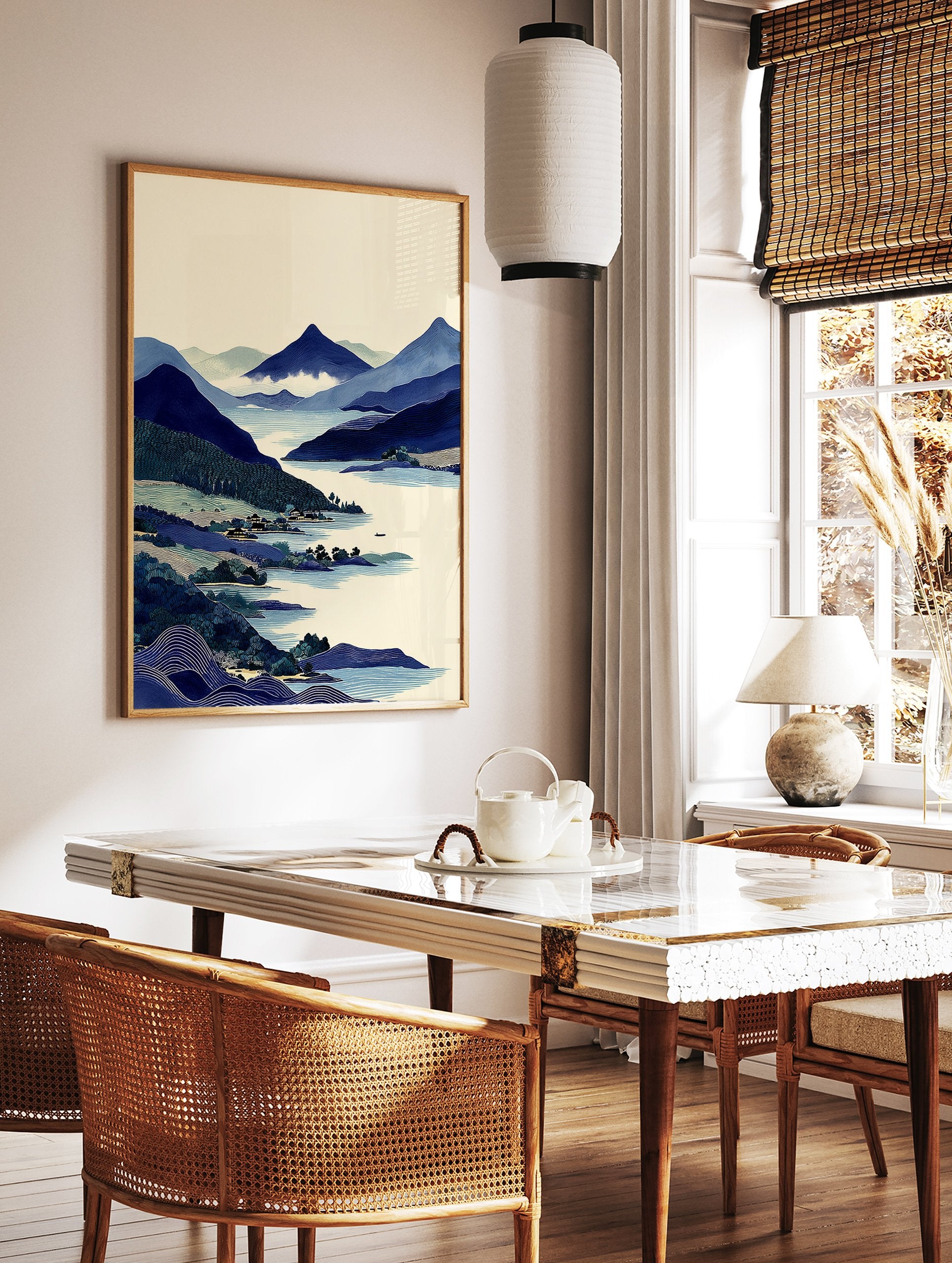 Japanese landscape art print showing blue mountains, a lake with a village and boat, in a traditional Ukiyo-e style. - Image 2