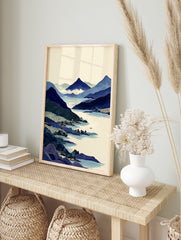 Japanese landscape art print showing blue mountains, a lake with a village and boat, in a traditional Ukiyo-e style. - Image 3