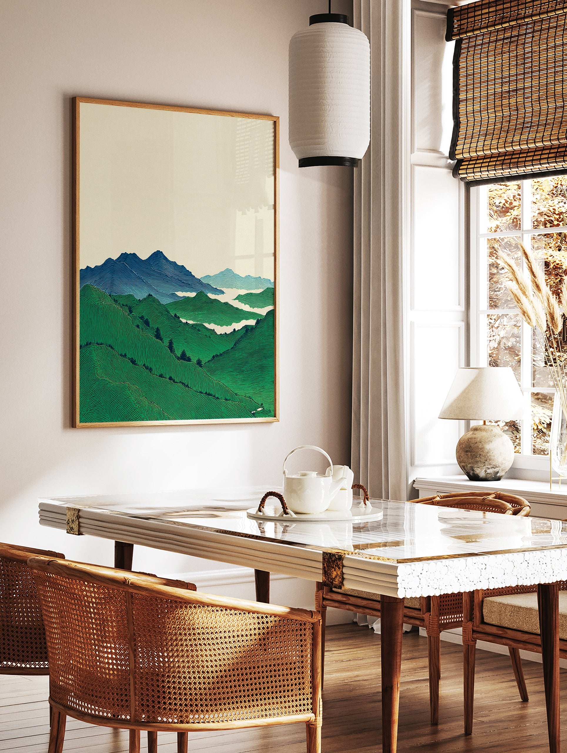 Japanese landscape art print with green terraced mountains, blue peaks, and white mist in Ukiyo-e style. - Image 2