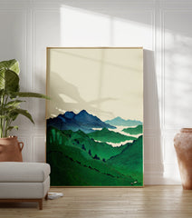 Japanese landscape art print with green terraced mountains, blue peaks, and white mist in Ukiyo-e style. - Image 3
